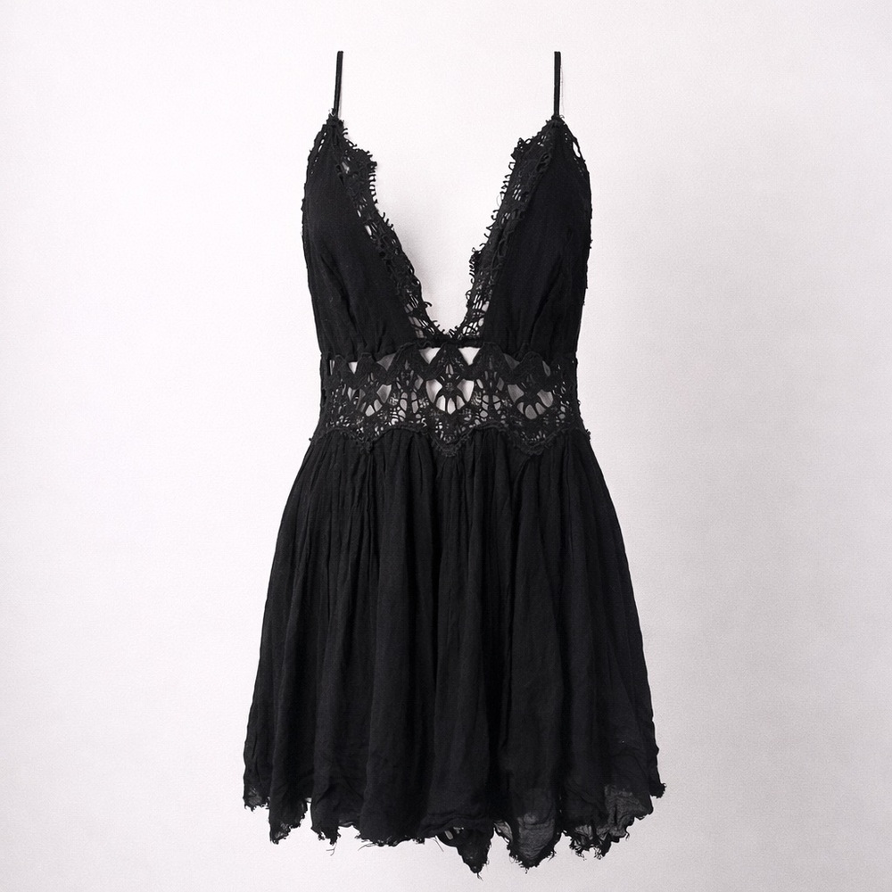 Free People FP One Black Lace Trim Boho Mini Dress Slip Small